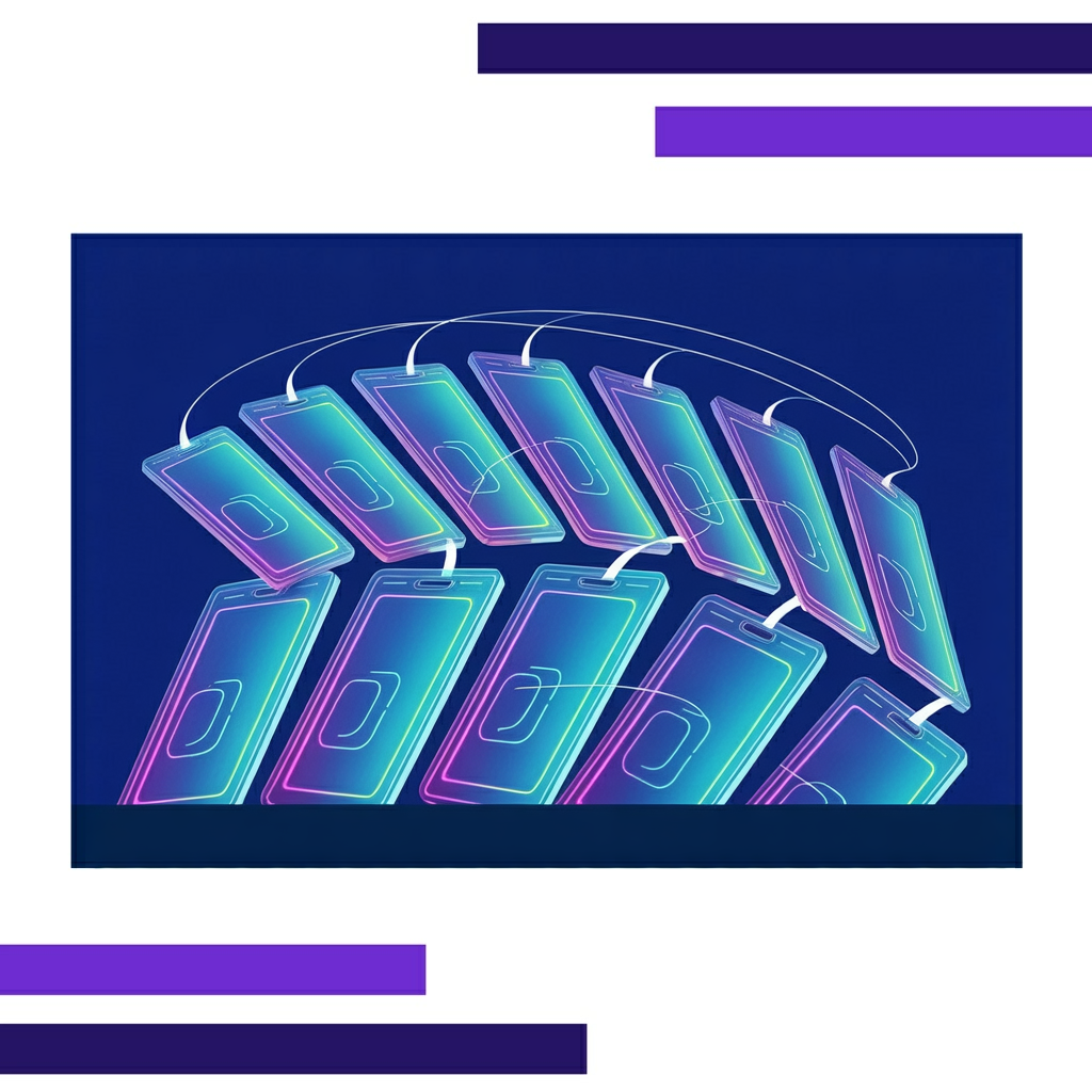 Futuristic digital dashboard with ten overlapping holographic ID cards in teal and blue, connected by glowing white beams.