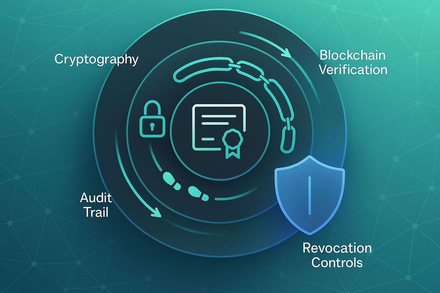 Infographic showing digital certificate at center, surrounded by cryptography, blockchain, audit trail, and revocation controls layers.
