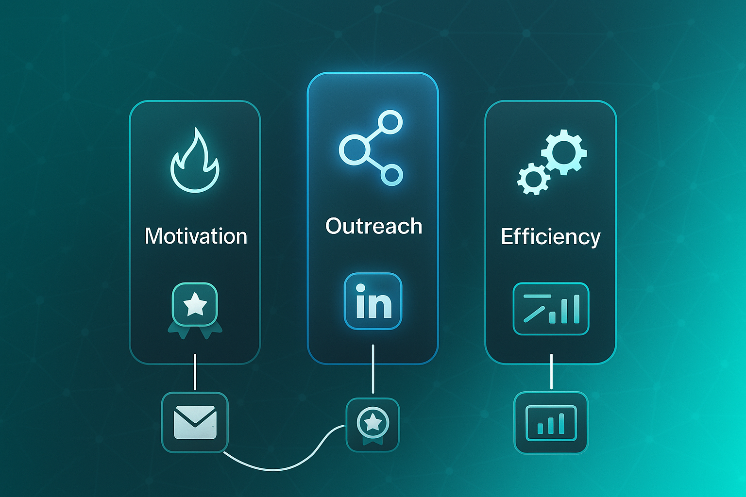 Infographic with three vertical pillars labeled Motivation, Outreach, and Efficiency, each with related icons and micro-examples.