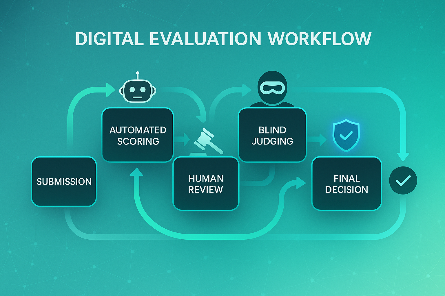 Horizontal process flow diagram titled 'Digital Evaluation Workflow' with six labeled steps, icons, and curved connecting arrows on a dark gradient background.