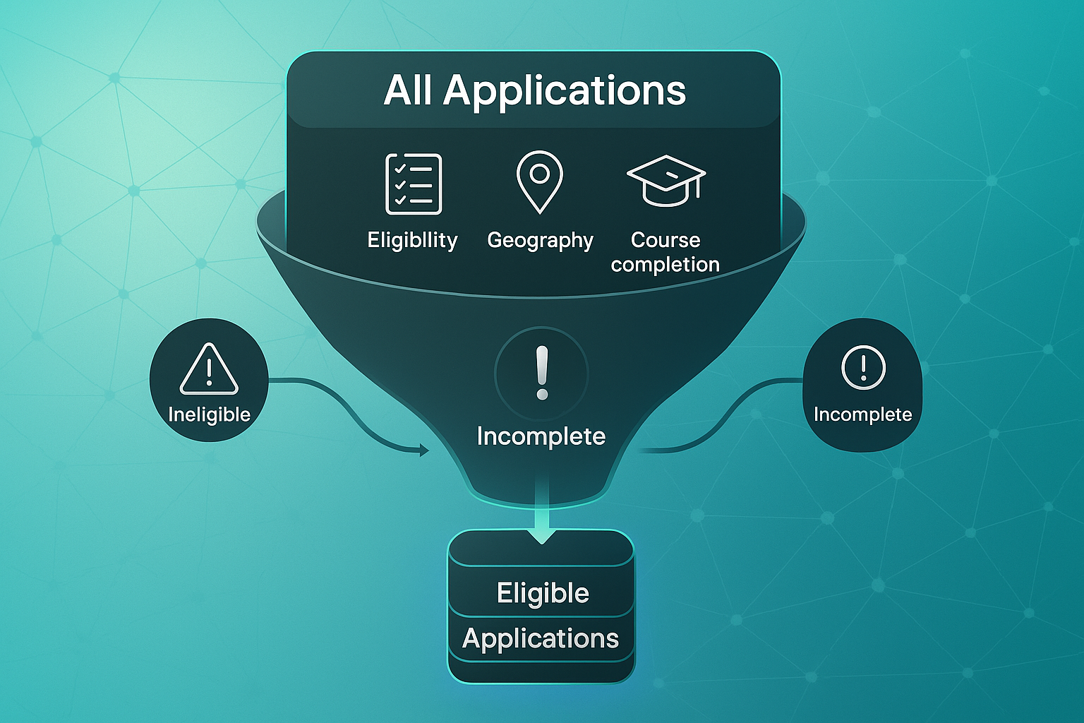 Infographic showing a funnel filtering applications by eligibility, geography, and course completion, with labeled outcome nodes.