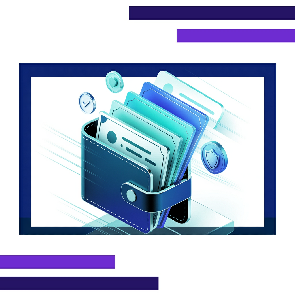 Open digital wallet icon displaying layered glowing certificates with metallic edges and floating security shield icons on white background