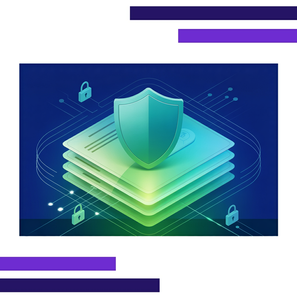 Glossy shield icon with teal gradients surrounded by layered digital certificates, glowing edges, and network lines on a white background