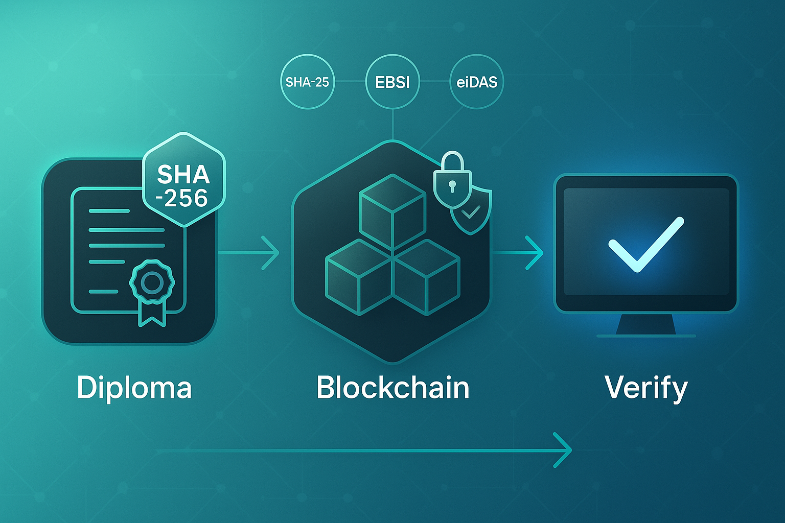 Infographic showing a digital diploma, blockchain ledger, and verification screen connected by arrows and labeled Diploma, Blockchain, Verify.