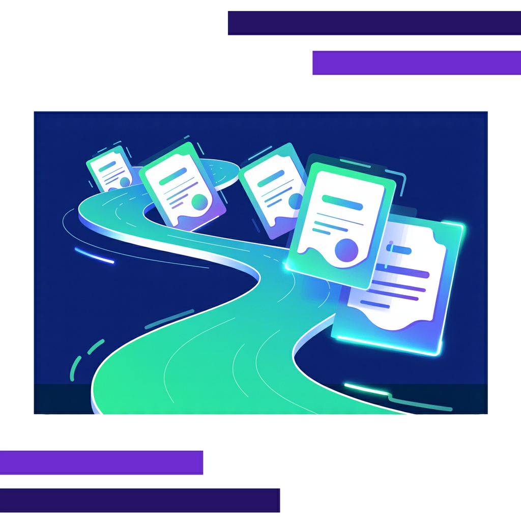 Stylized teal pathway winding through glowing digital badges and certificates on a white background with luminous accents.