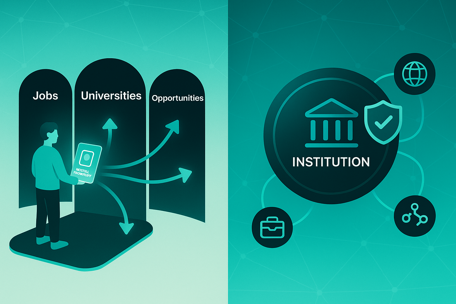 Infographic showing a learner with a digital passport connecting to doors labeled Jobs, Universities, Opportunities, and a verified institution badge.