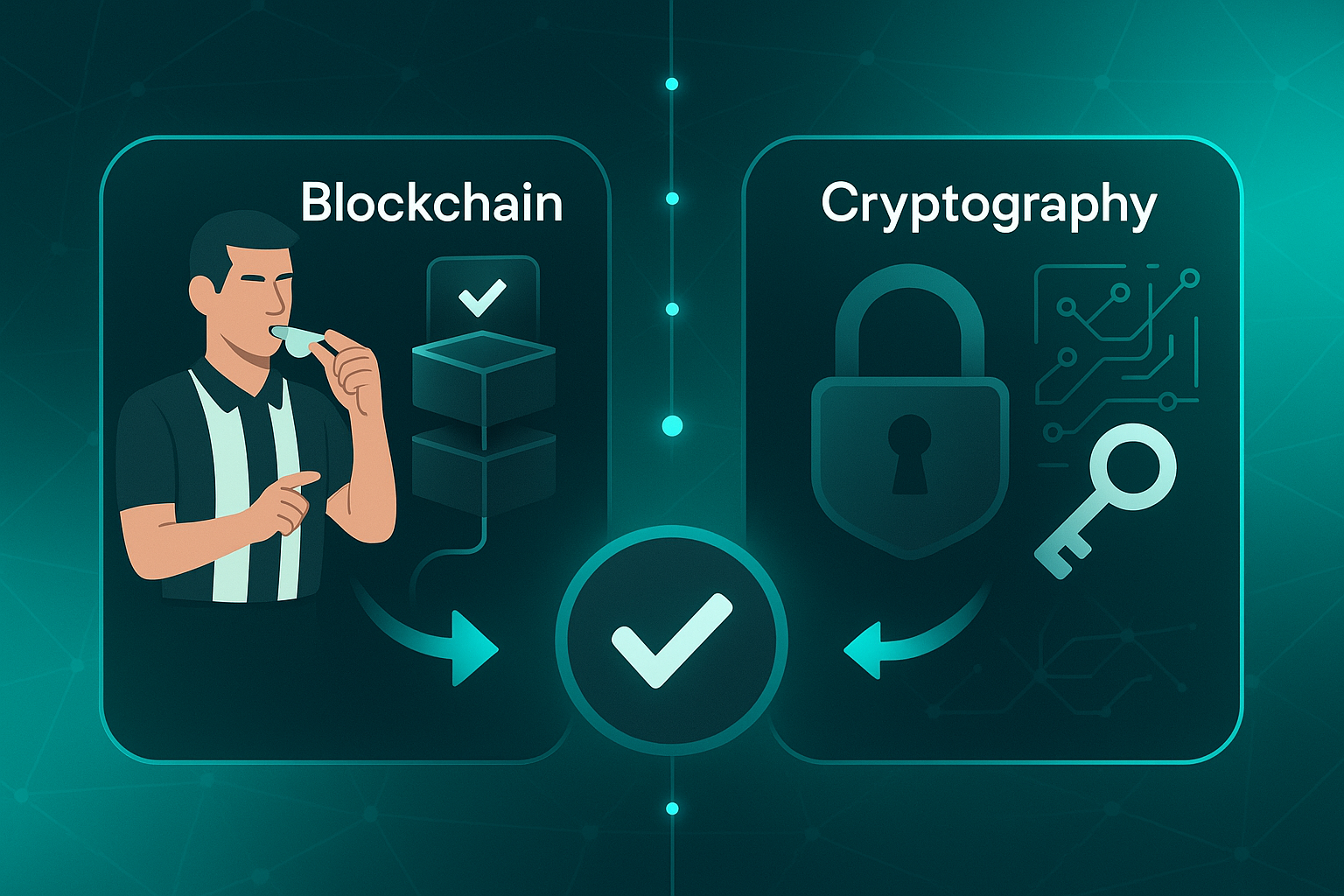Infographic showing a referee with a blockchain ledger on the left and a lock with cryptography pattern on the right, connected to a digital badge.