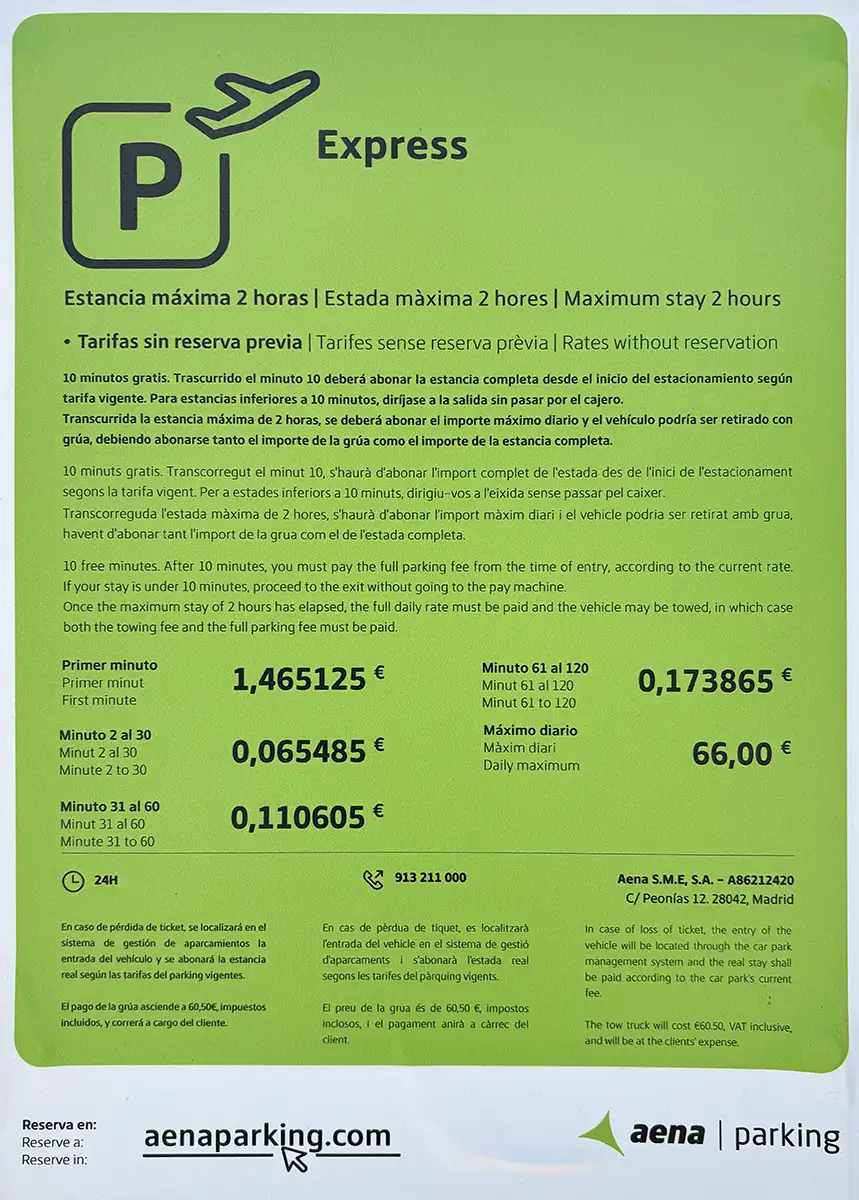 Tarife / Preise 2026 Kurzzeitparkplatz am Flughafen Palma