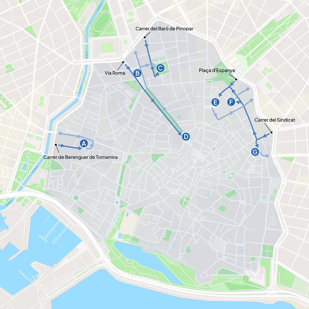 Access roads for vehicles without an environmental sticker to underground parking garages in the low emission zone Karte mit Zufahrtsstraßen für Autos ohne Umweltplakette zu den Tiefgaragen in der Umweltzone von Palma