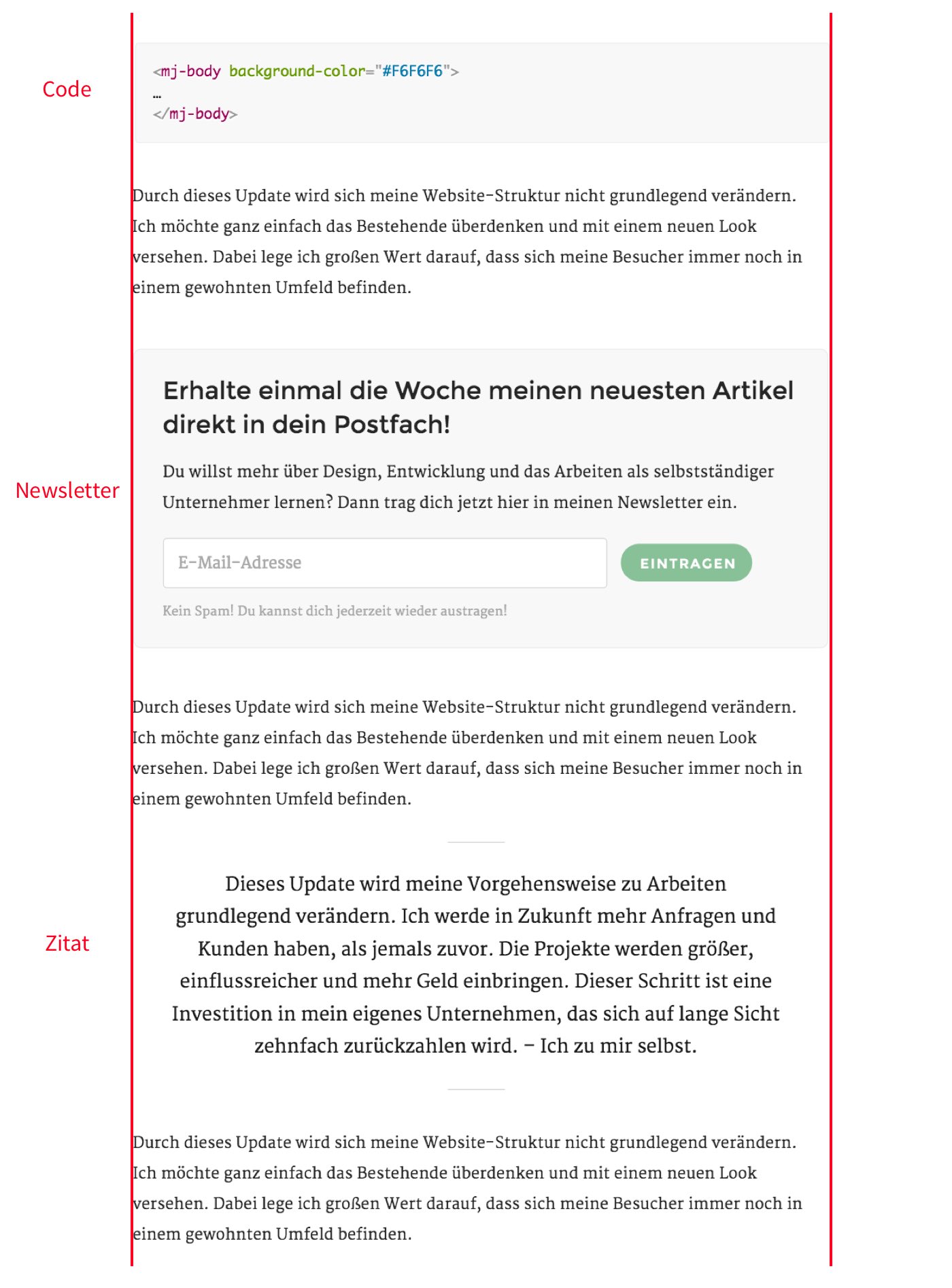 Code, Newsletter und Zitate alte Website