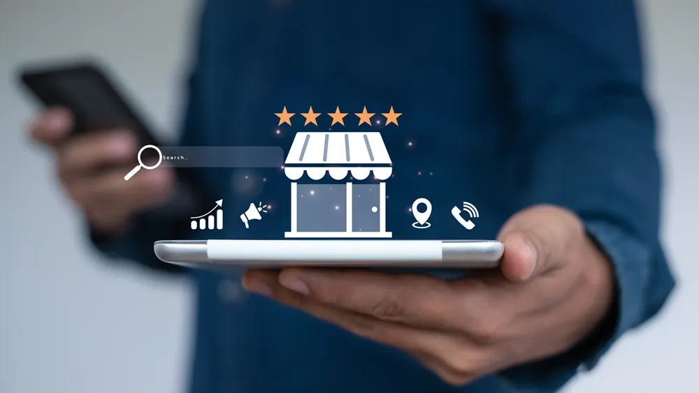 Five-star online customer reviews on a smartphone — review management protects brand reputation