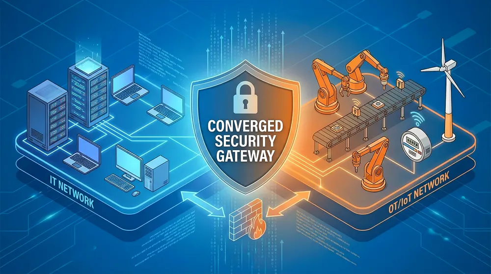 Converged security gateway protecting IT and OTIoT networks in a smart factory