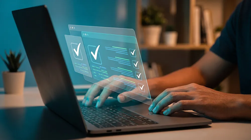 Person building an online form with checkbox fields on a laptop