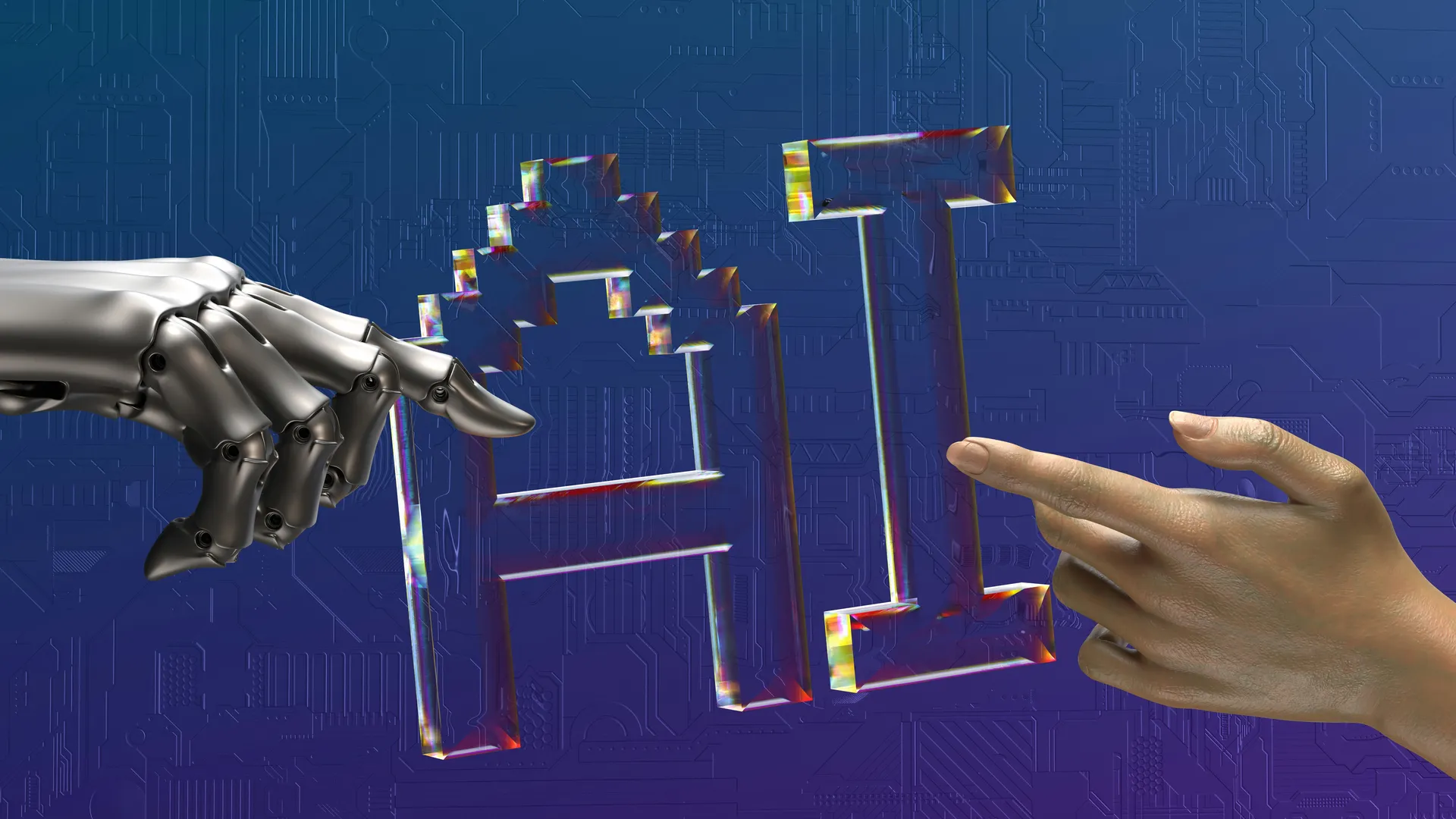 Robotic hand reaching toward a human hand, representing enterprise agentic AI