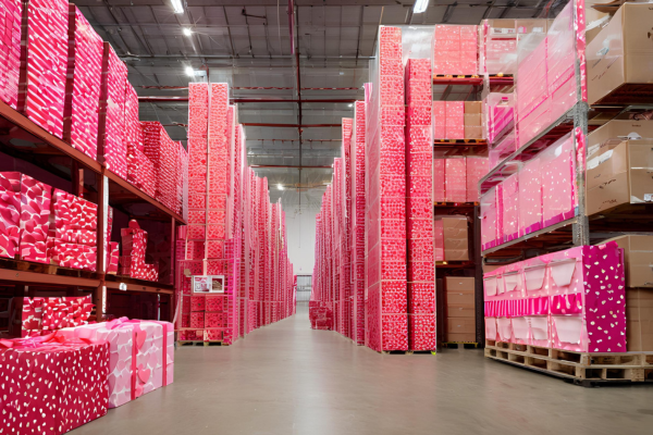 Boxes and boxes of valentine's day products stacked up a a warehouse facility