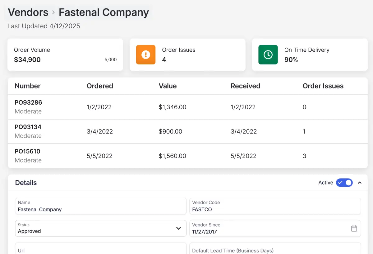 Vendor scoring page with On Time Delivery and Order Issue KPIs