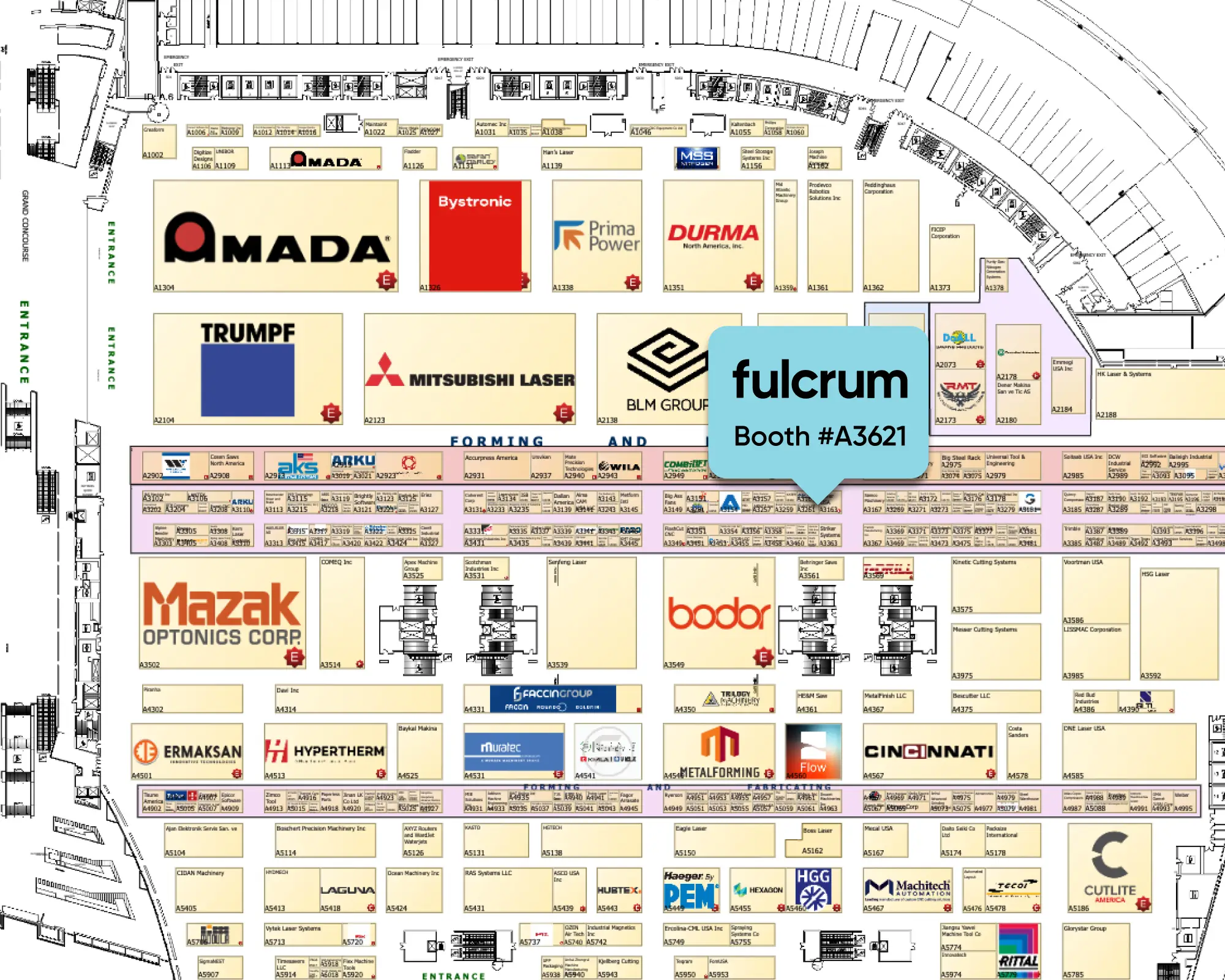 A map of the Fabtech Hall A, with a locator to Booth #A6532