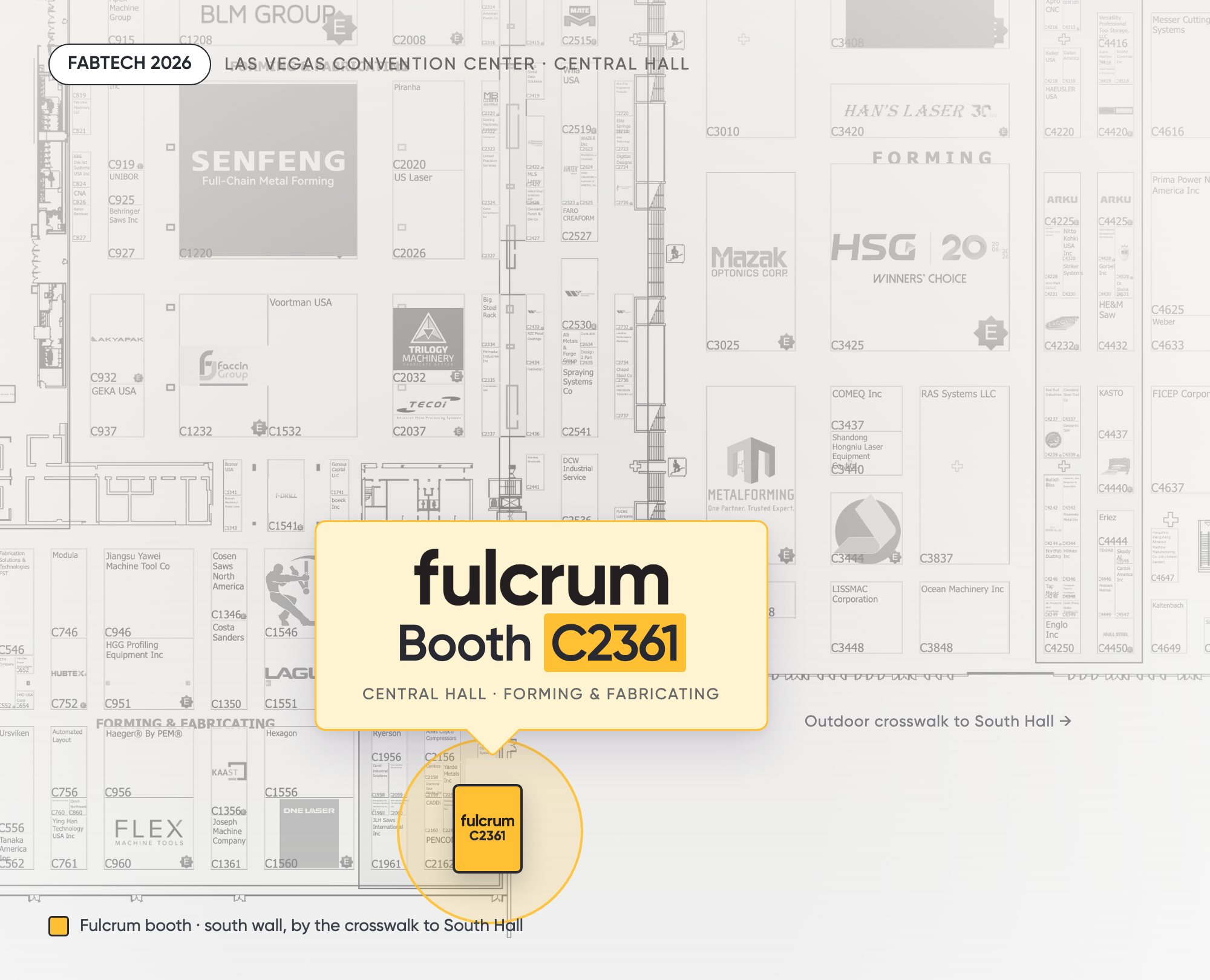 FABTECH 2026 floor plan — Fulcrum at Booth C2361, Central Hall, Las Vegas Convention Center