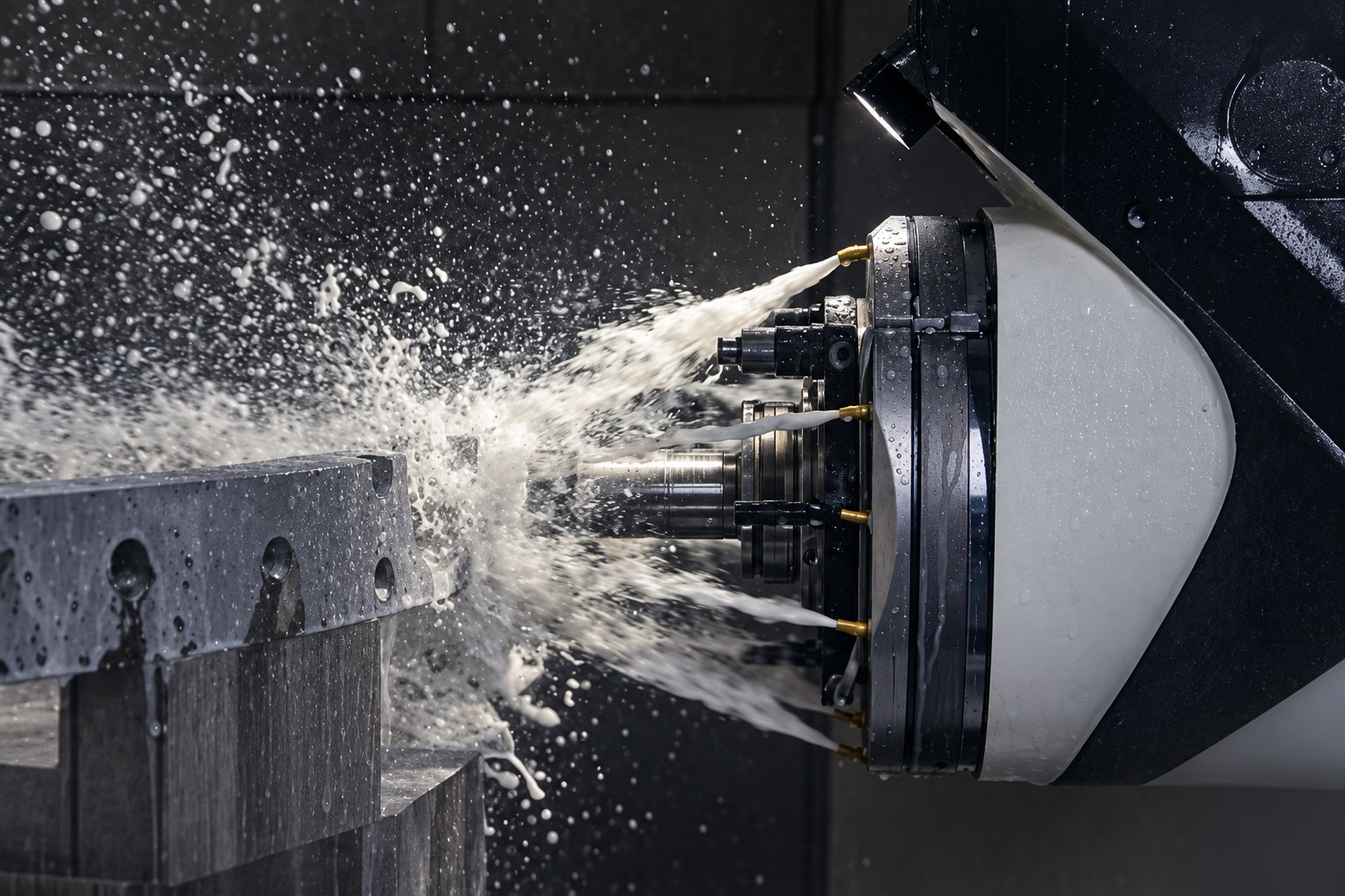 Coolant spraying across a live cut inside a CNC machining center at Northeast Tool