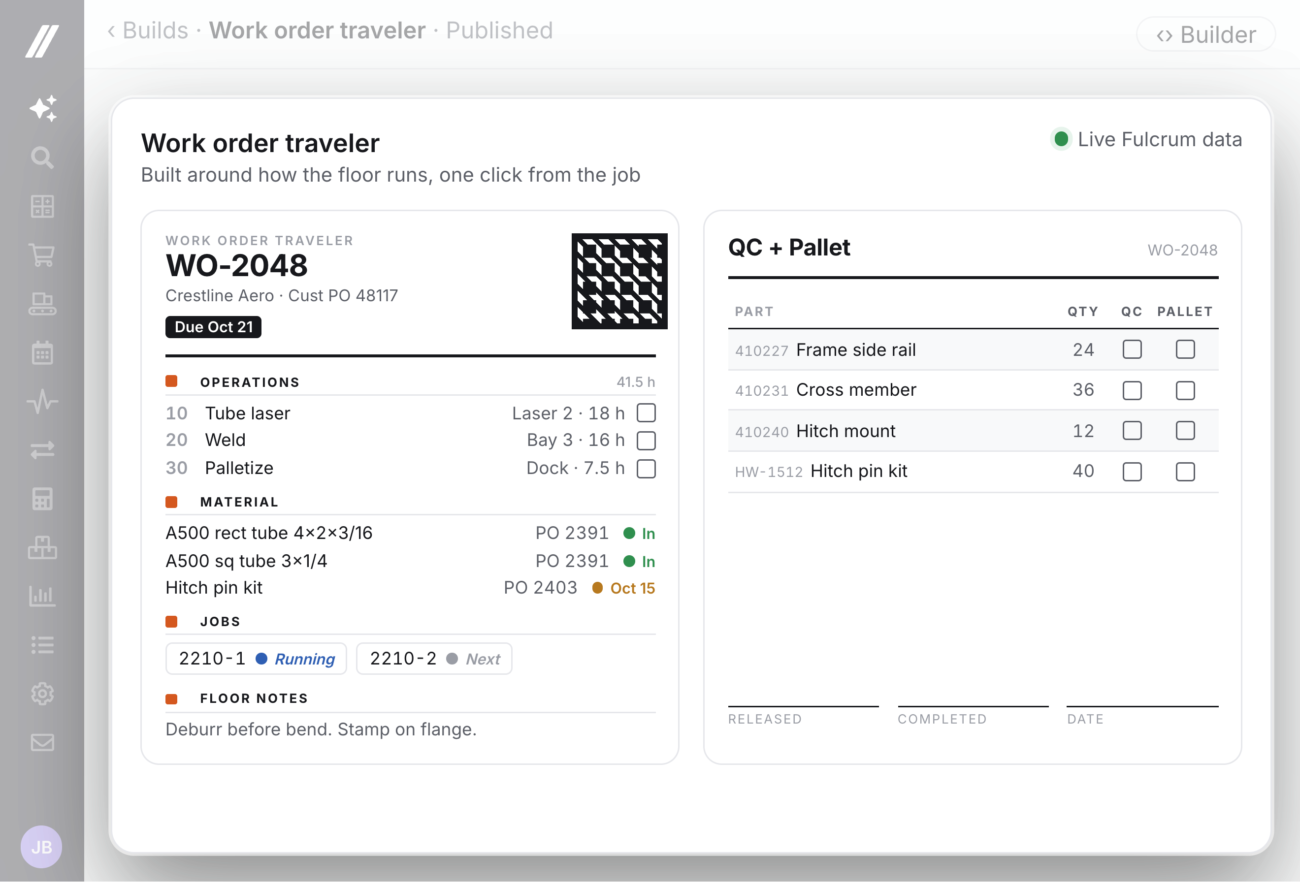 Work order traveler, the Builder app Blueline built, shown inside Fulcrum