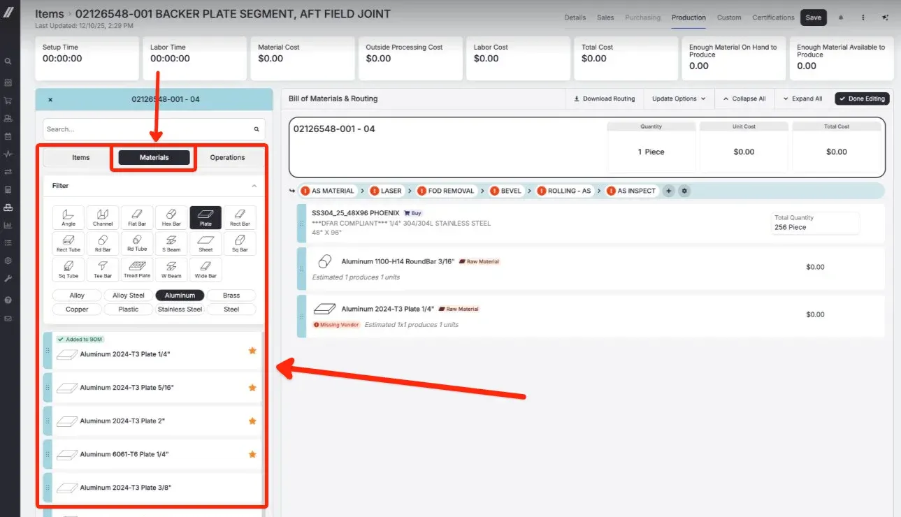 New Raw Materials Tab in BOM Editor