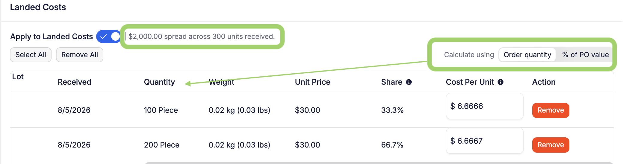 Spread Landed Costs by % of PO Value