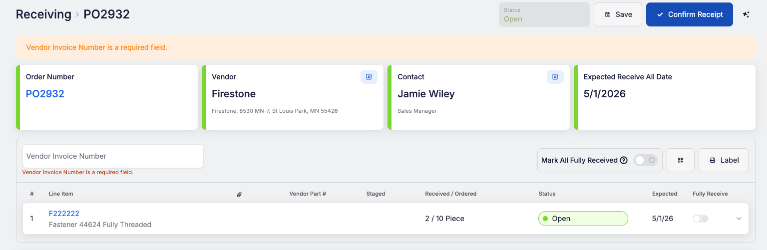 Require a Vendor Invoice Number on Purchase Order Receipts
