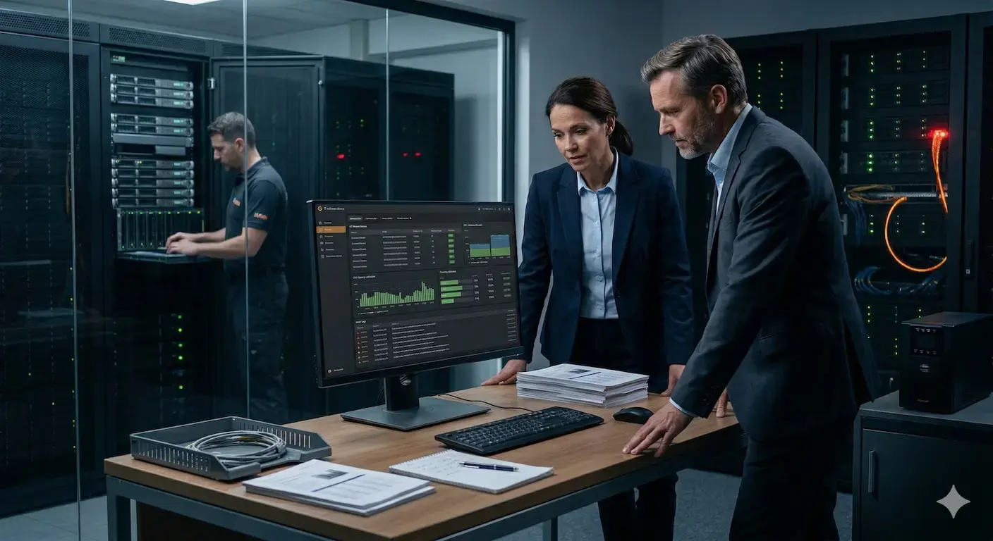 Ein Mann und eine Frau in Geschäftsanzügen betrachten ein Daten-Dashboard auf einem Computermonitor in einem Serverraum.