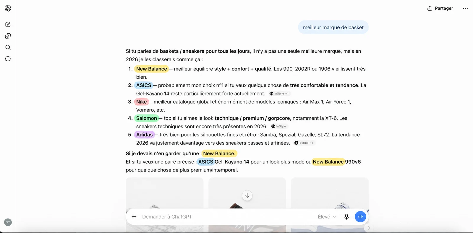 ChatGPT answer to a purchase question, with the cited brands highlighted in the generated text