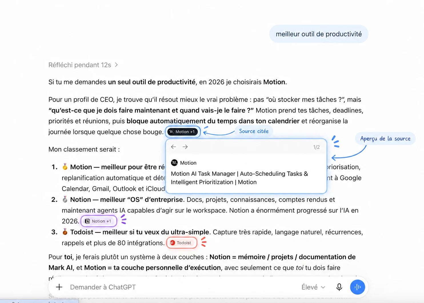 Réponse générative avec la source citée encadrée et son aperçu détaillé