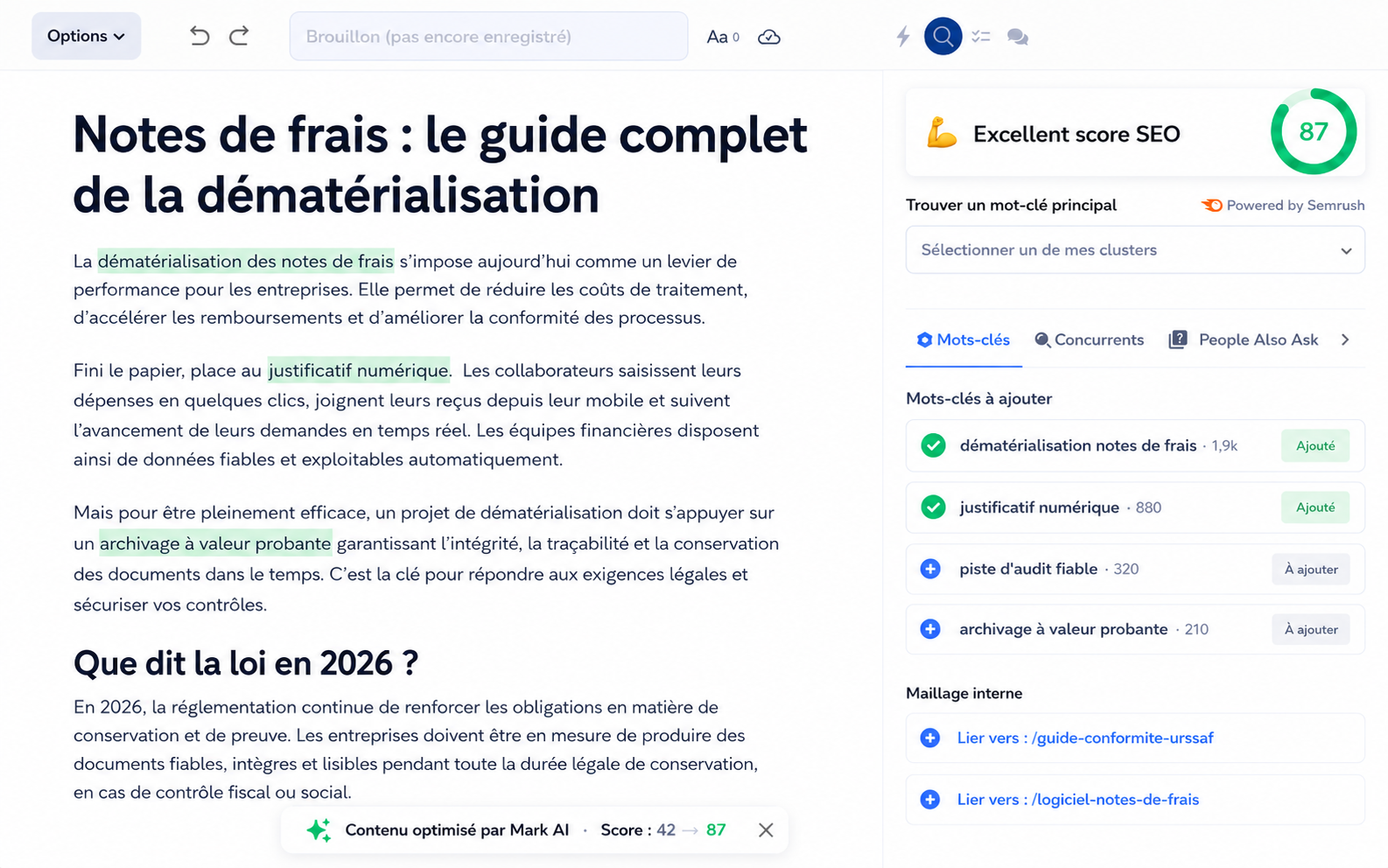 Interface Mark AI : article optimisé avec score SEO élevé, mots-clés à ajouter et suggestions de maillage interne