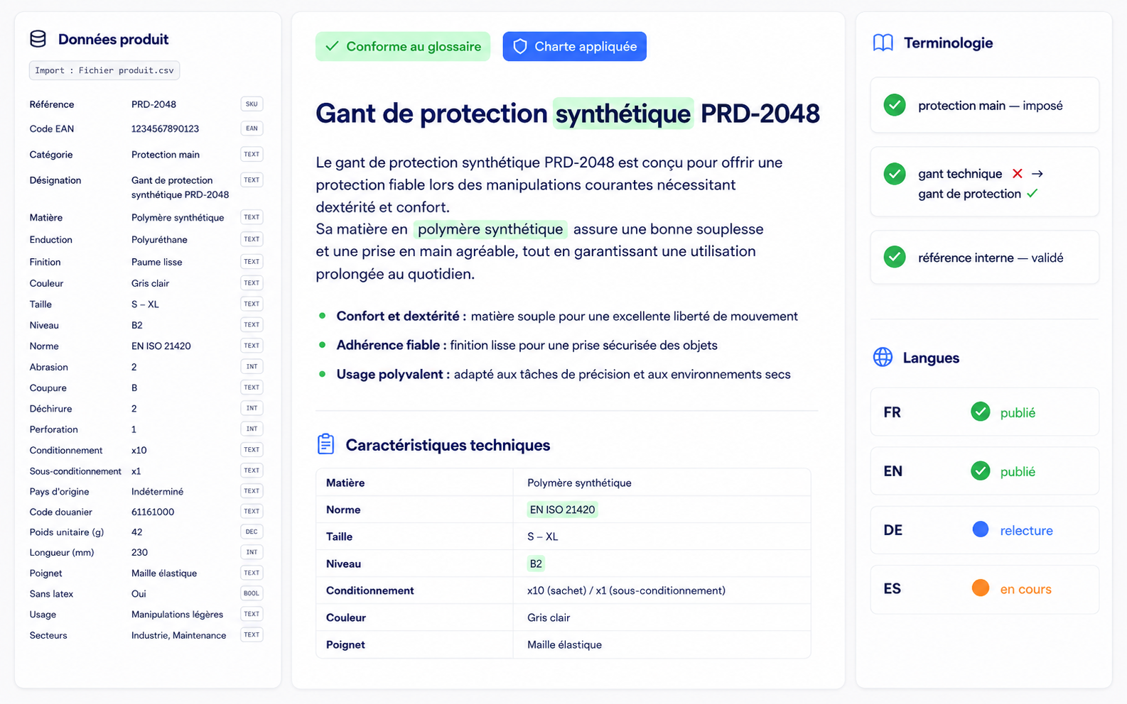 Interface Mark AI : données produit transformées en fiche conforme, terminologie validée et statuts multilingues