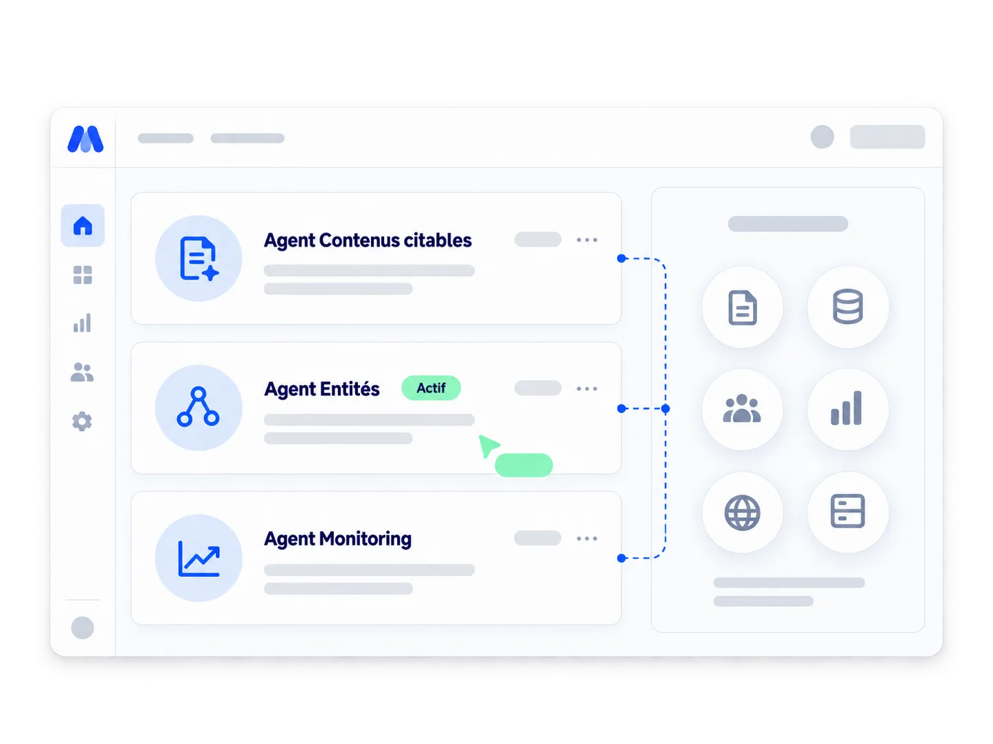 Plateforme d'orchestration d'agents GEO Mark AI : agents contenus citables, entités et monitoring connectés à la stack marketing