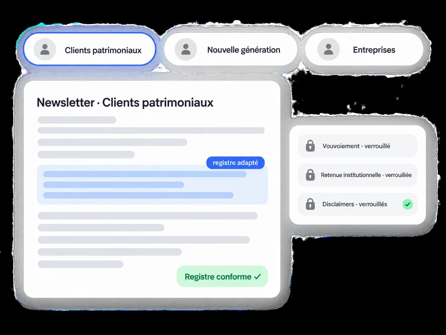 Registre adapté par clientèle (patrimoniaux, nouvelle génération, entreprises) avec vouvoiement et disclaimers verrouillés