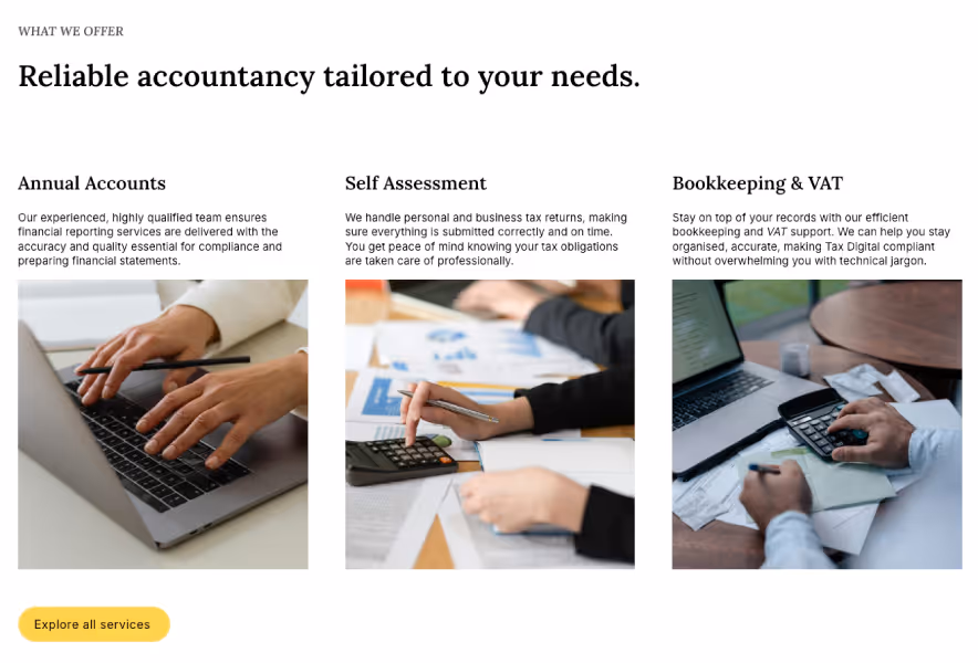 a section layout with services from web design project for accounting firm