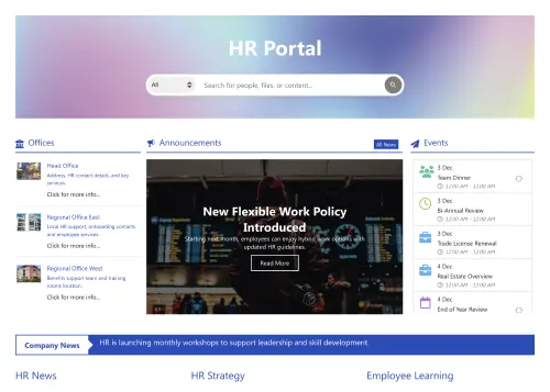 HR 2 - HR Intranet Portal: Central HR hub for search, announcements, events, learning.