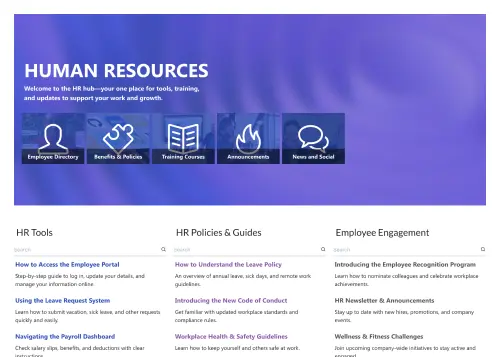 HR 1 – Human Resources Template: Centralize tools, policies, training, engagement, and news.