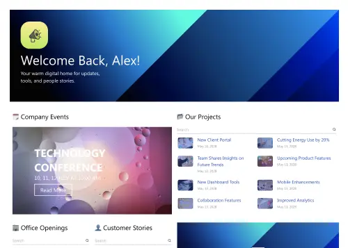 News Portal 5 – Intranet Company News Template: Company news hub with events, projects, and stories.