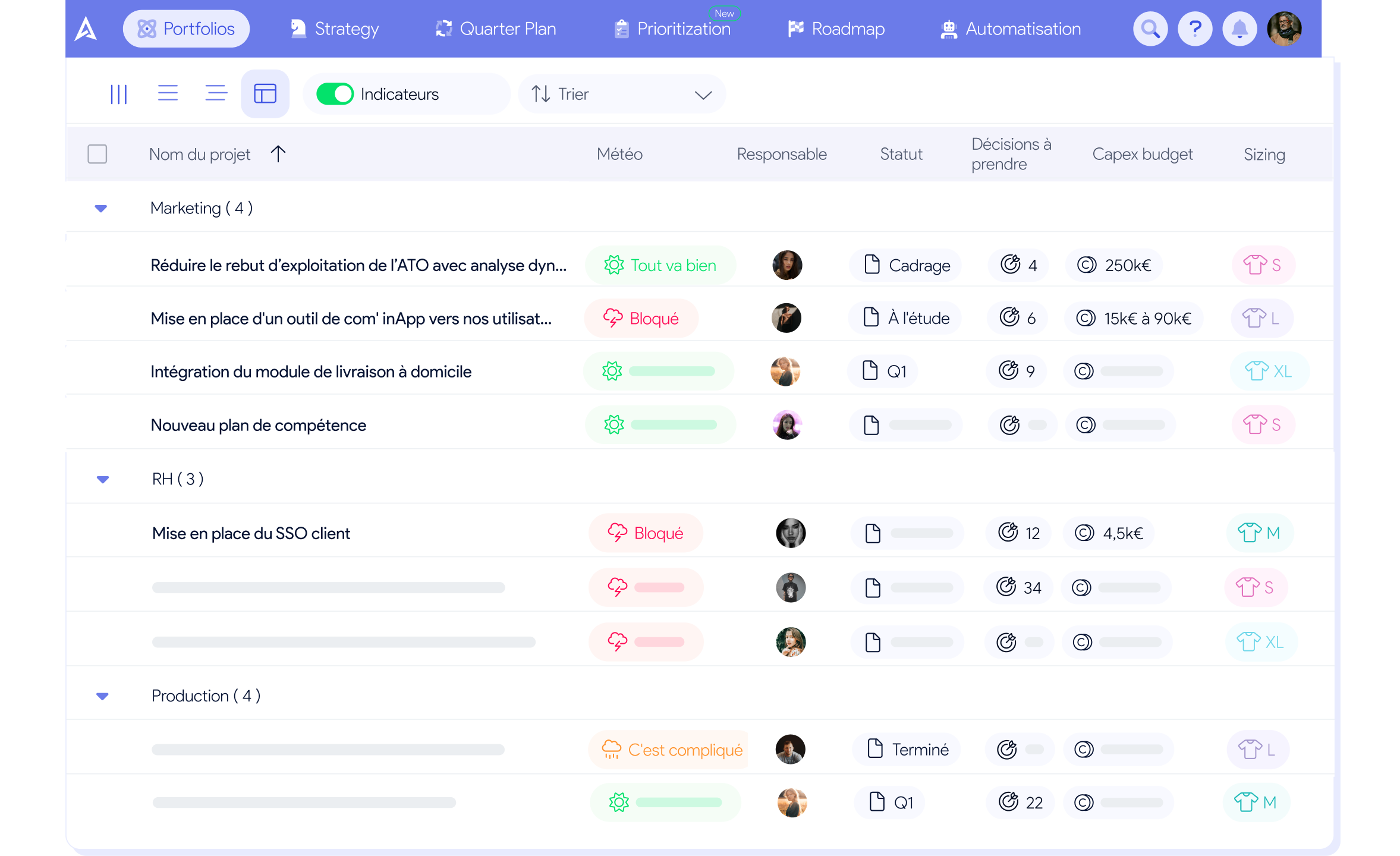 Tableau de bord de gestion de portefeuille de projets — interface AirSaas