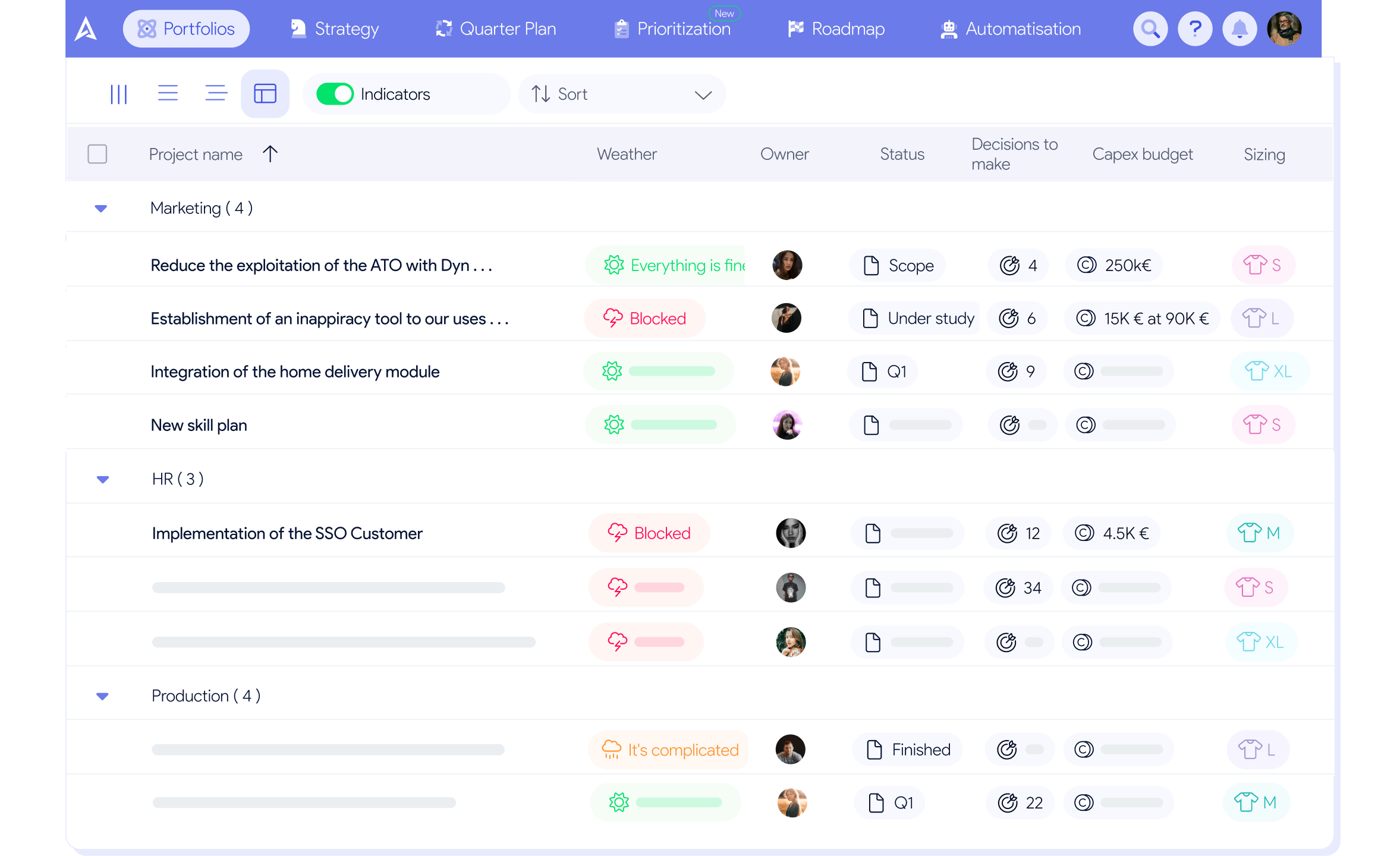 Tableau de bord de gestion de portefeuille de projets — interface AirSaas