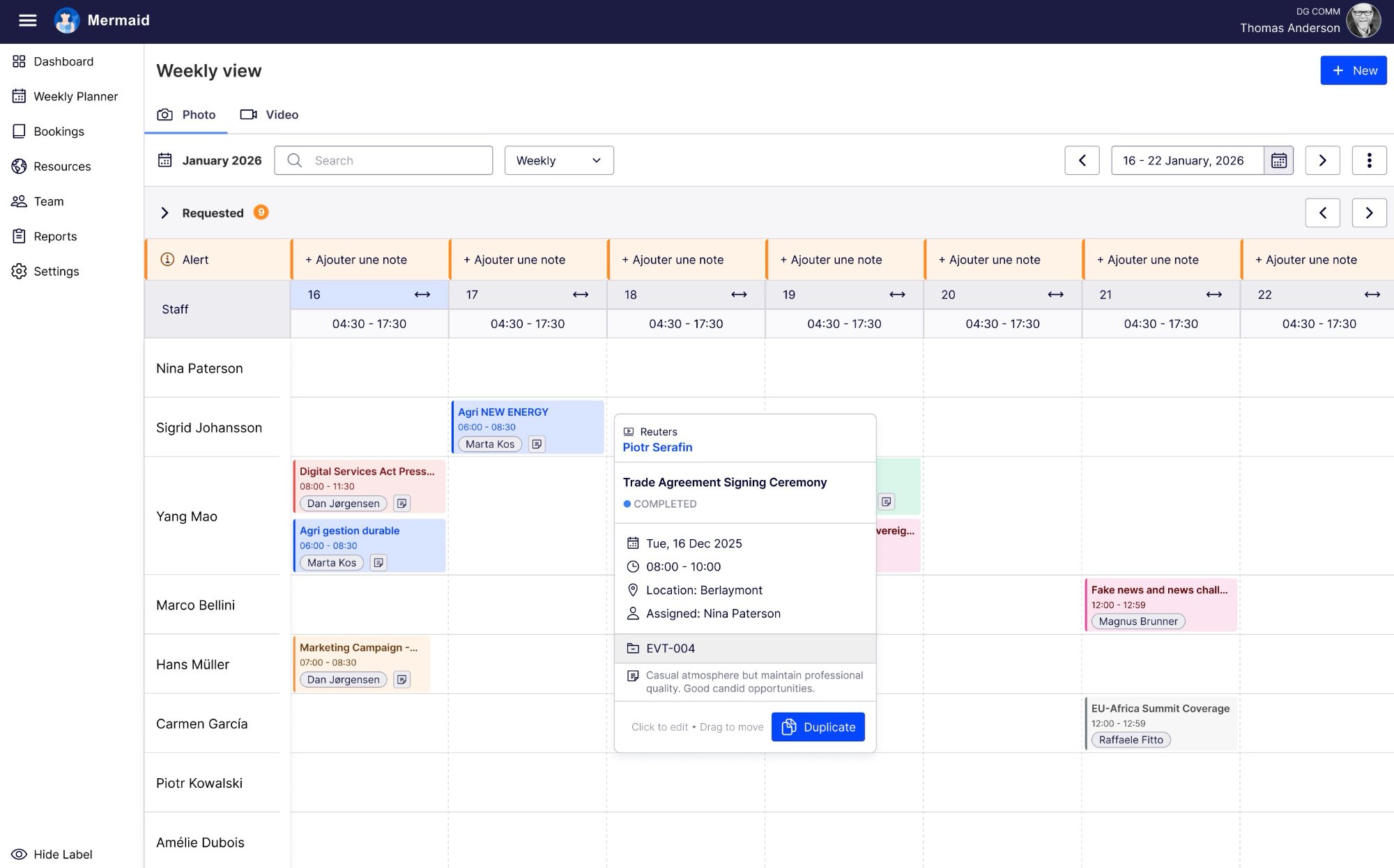 Mermaid weekly production planner interface