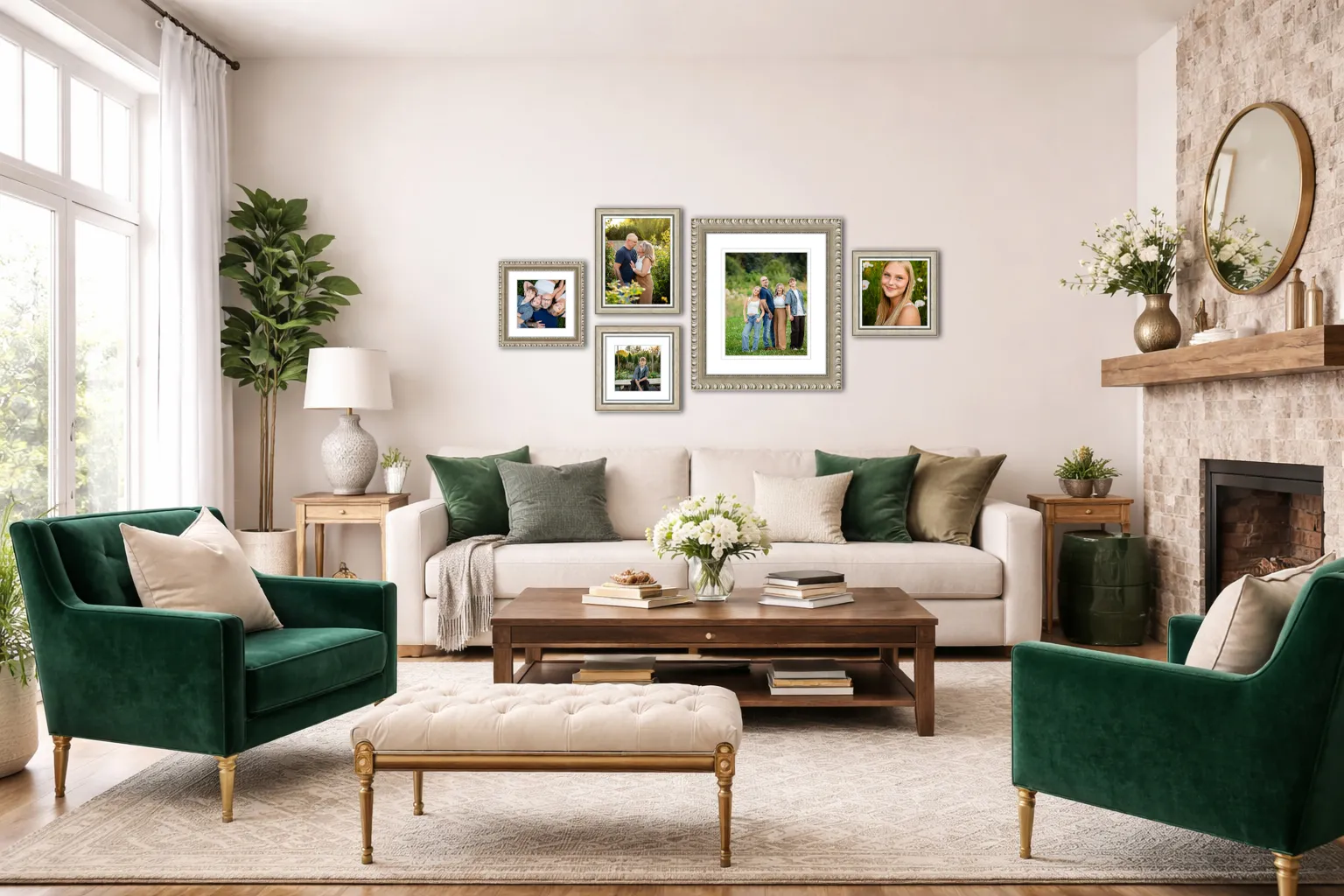 Modern living room with cream sofa, green armchairs, a wooden coffee table, family photo gallery on wall, and fireplace with mirror and vase.