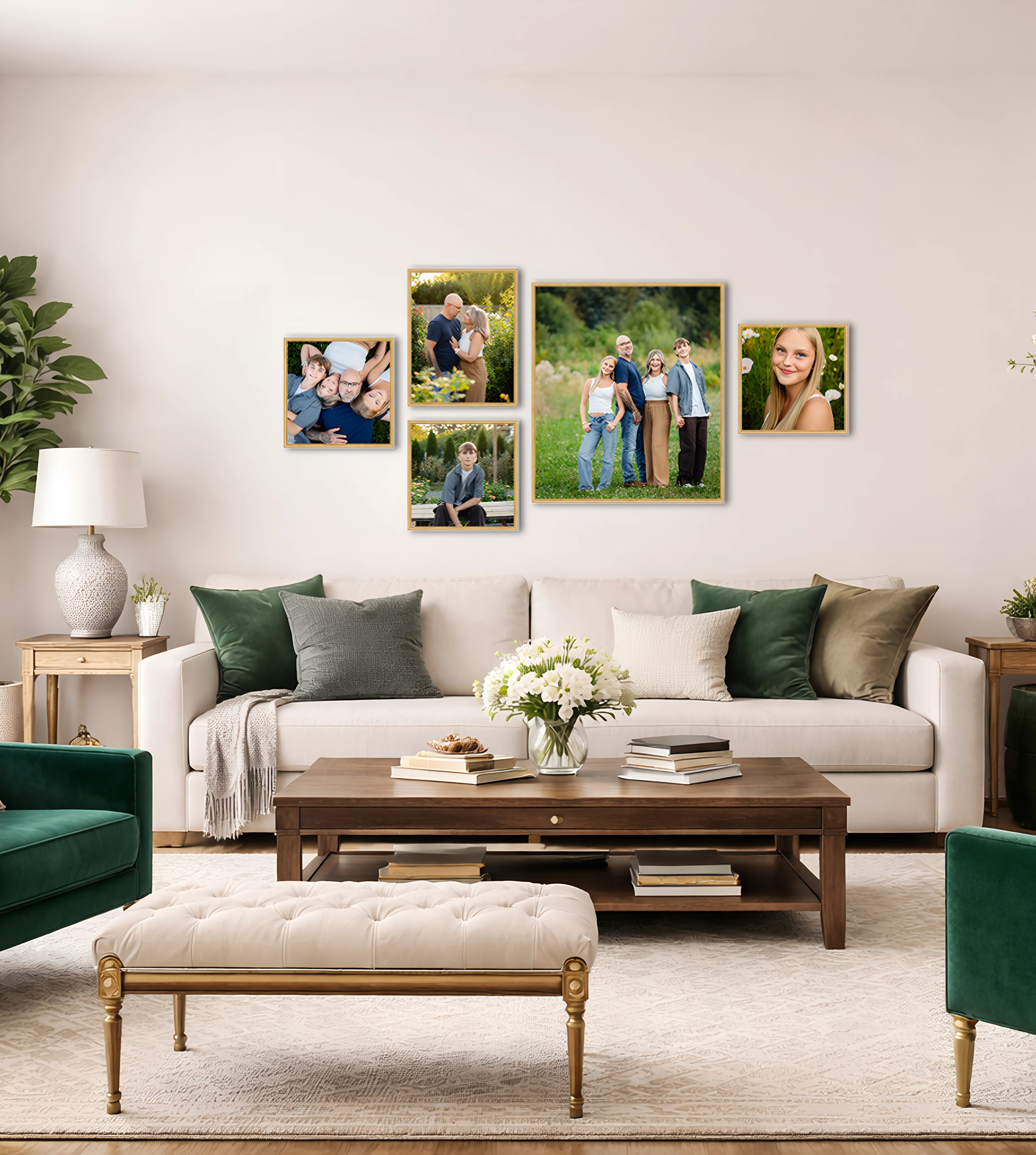 A living room filled with furniture and pictures on the wall.