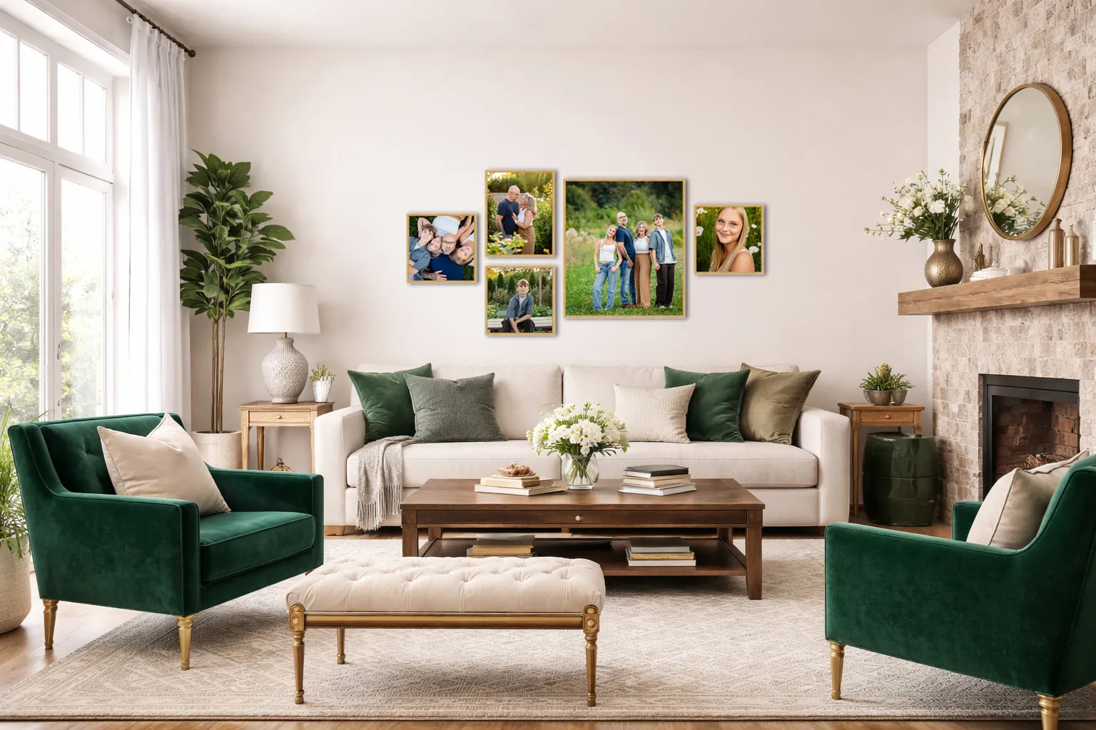 Cozy living room with green armchairs, beige sofa, wooden coffee table, and family photo gallery wall.