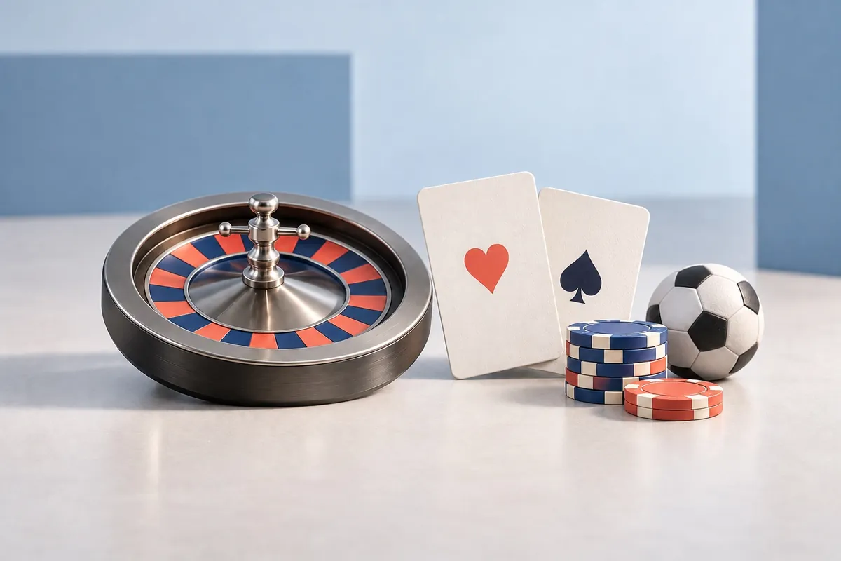 Symbolbild: Roulettekessel, Spielkarten, Jetons und Fußball