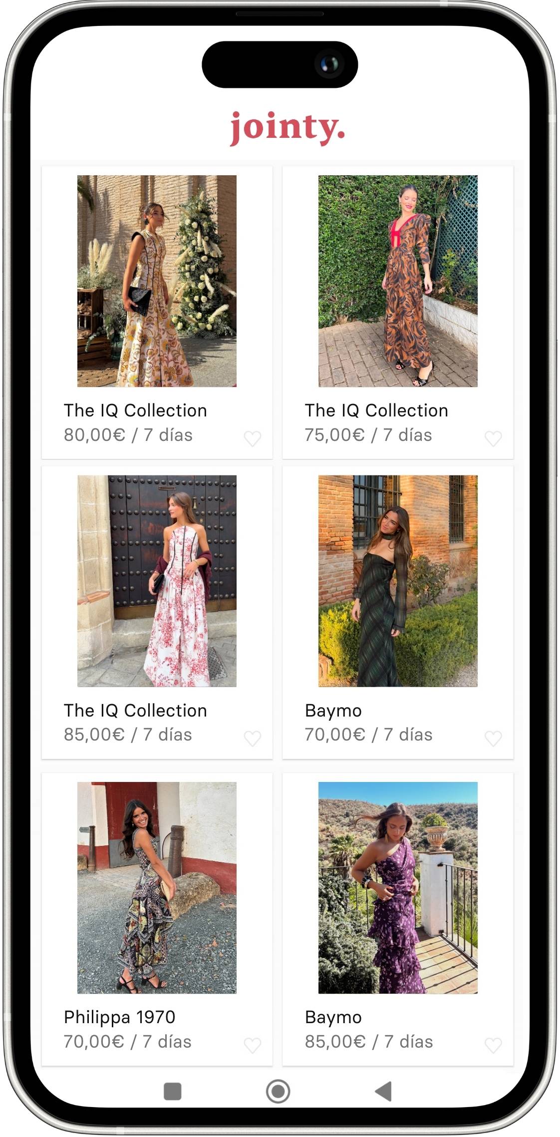 Captura del armario de una usuaria de Jointy mostrando vestidos de invitada disponibles para alquilar en la app.