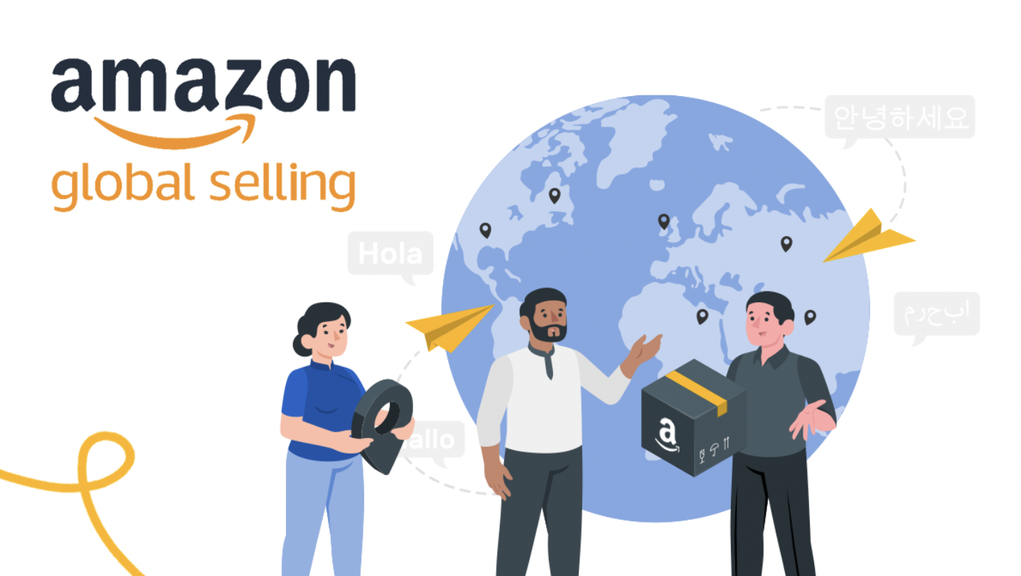 Illustration for Amazon Global Selling showing three diverse people standing in front of a large globe marked with location pins. They exchange a package with the Amazon logo while yellow paper planes fly across the world, symbolizing global trade. Speech bubbles say Hola, Hallo, 안녕하세요, and Arabic text, representing multilingual communication and international e-commerce.