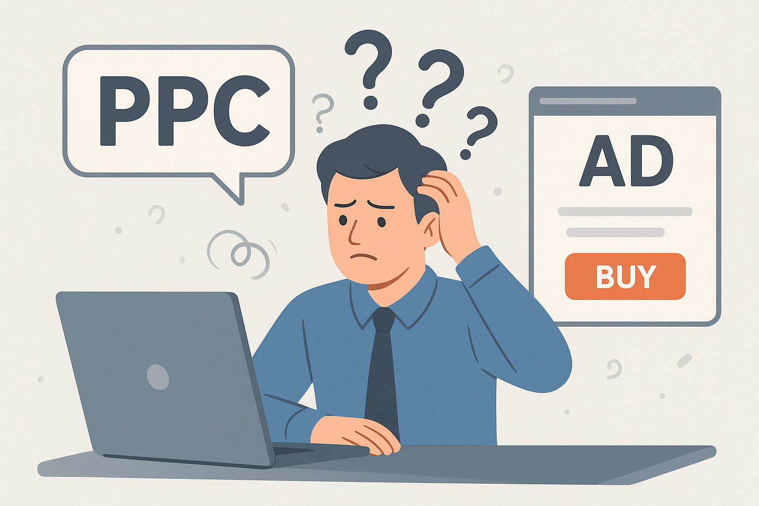 Illustration of a worried man sitting in front of a laptop, scratching his head as question marks float above him. A speech bubble says PPC, and a digital ad with a BUY button appears beside him, representing confusion about pay-per-click advertising.