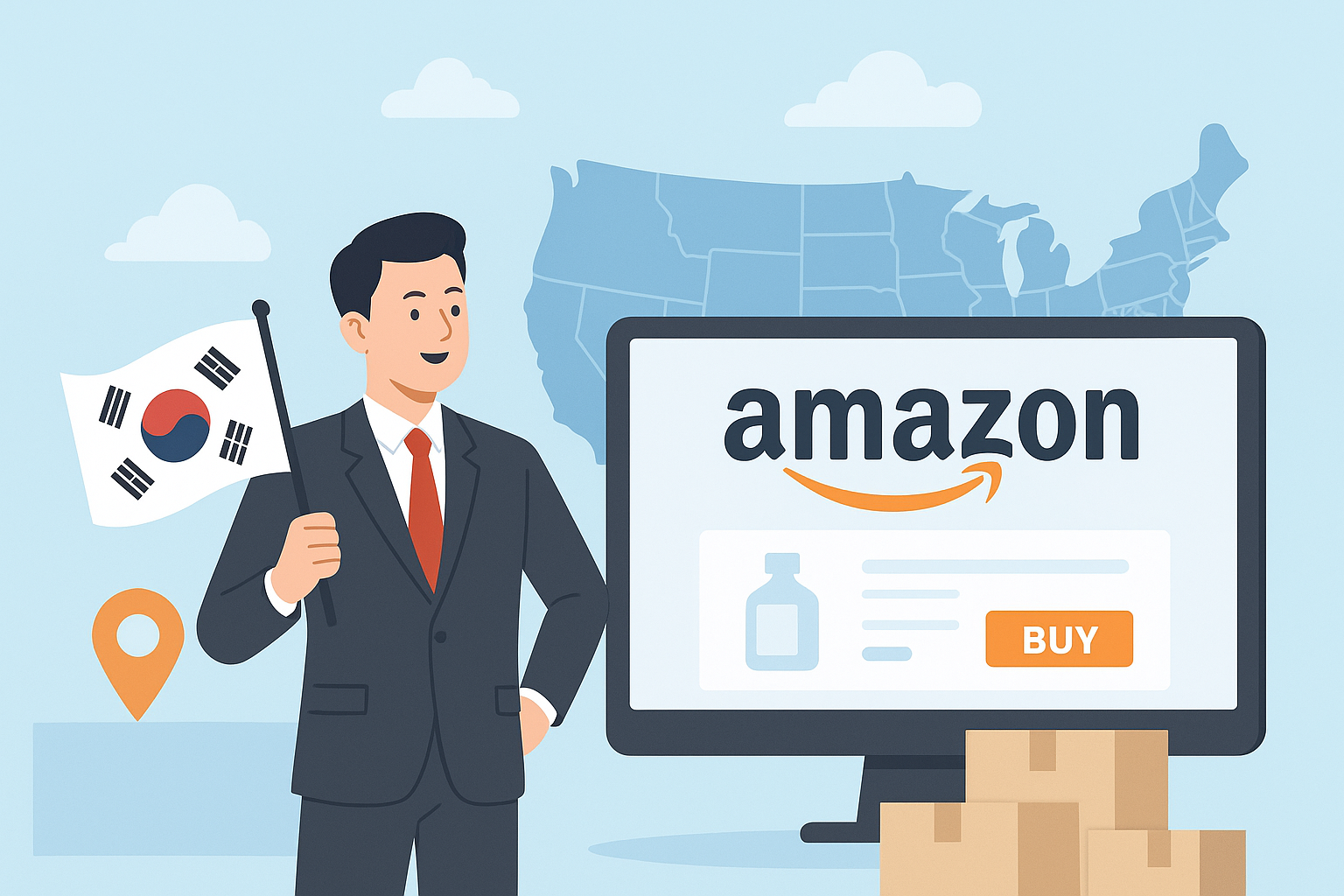 A Korean entrepreneur stands with the national flag beside a computer screen showing the Amazon marketplace interface. The background map of the United States and shipping boxes represent cross-border e-commerce expansion from Korea to the U.S. through Amazon Global Selling.