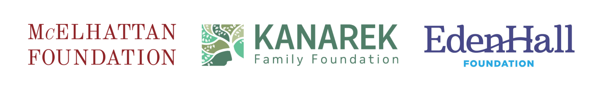 Red Serif Type McELHATTAN FOUNDATION logo next to a blue ruled box with JBF JACK BUNCHER Foundation logo next to a Green KANAREK Family Foundation logo